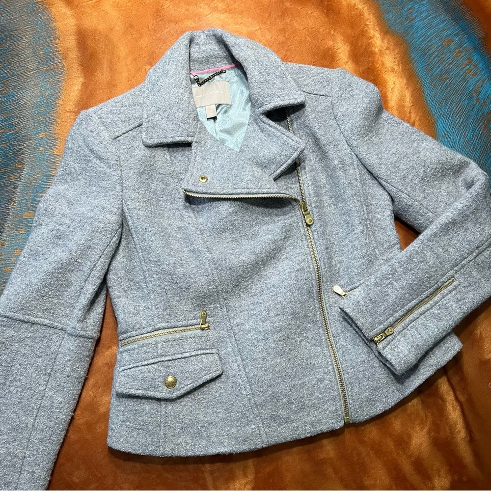 BR Banana Republic Gray Wool Blend Moto Jacket lined gold Hardwear small